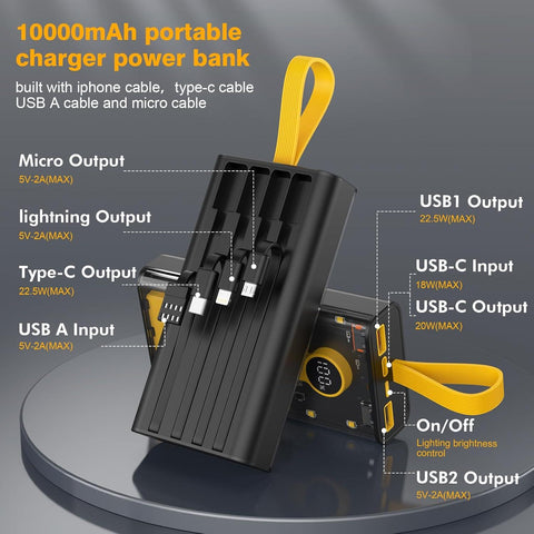 10000mAh Fast Charging Power Bank | 22.5W Portable Charger with Built-in Cables